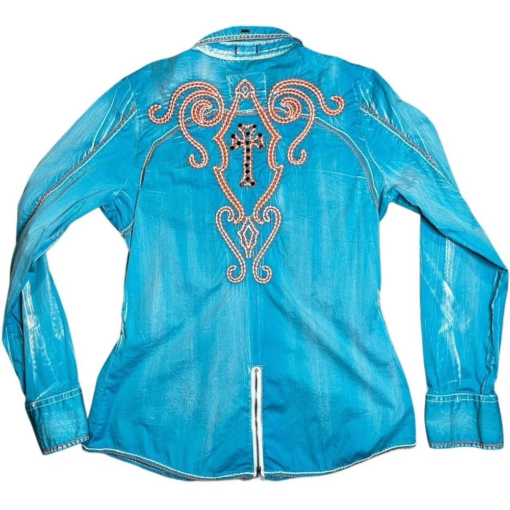 ROAR Turquoise Western Rhinestone Cross Embroidered Cowgirl Top